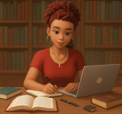 Collection-of-novels-by-Christian-author-Violetta-E-L A young woman with curly hair working on a laptop in a library, surrounded by books.